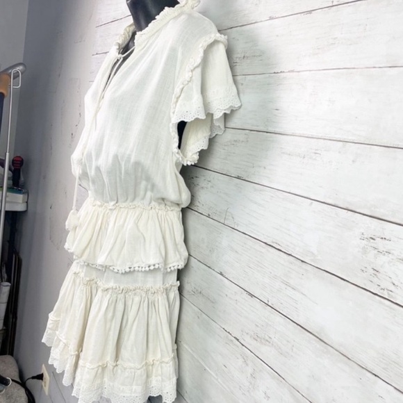 MISA Los Angeles Linen Popover Ruffle Tiered Mini Dress in Ivory Cream S - Picture 5 of 10